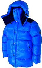 down jacket- Vinland Hoody - M - 700 g - F6-sea blue shiny/F2-night blue silk - Arcitc-Hood - 20 cm high collar - extra long